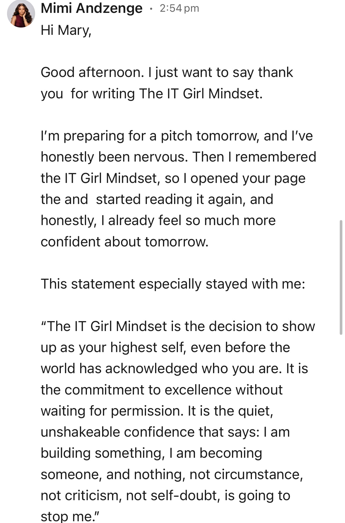 Message from Mimi Andzenge thanking Mary-Esther for writing The IT Girl Mindset