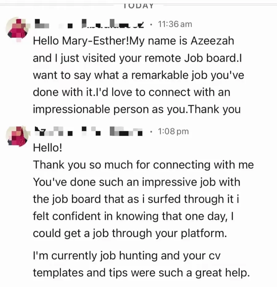 Messages from professionals reacting to the Inclusively Remote job board
